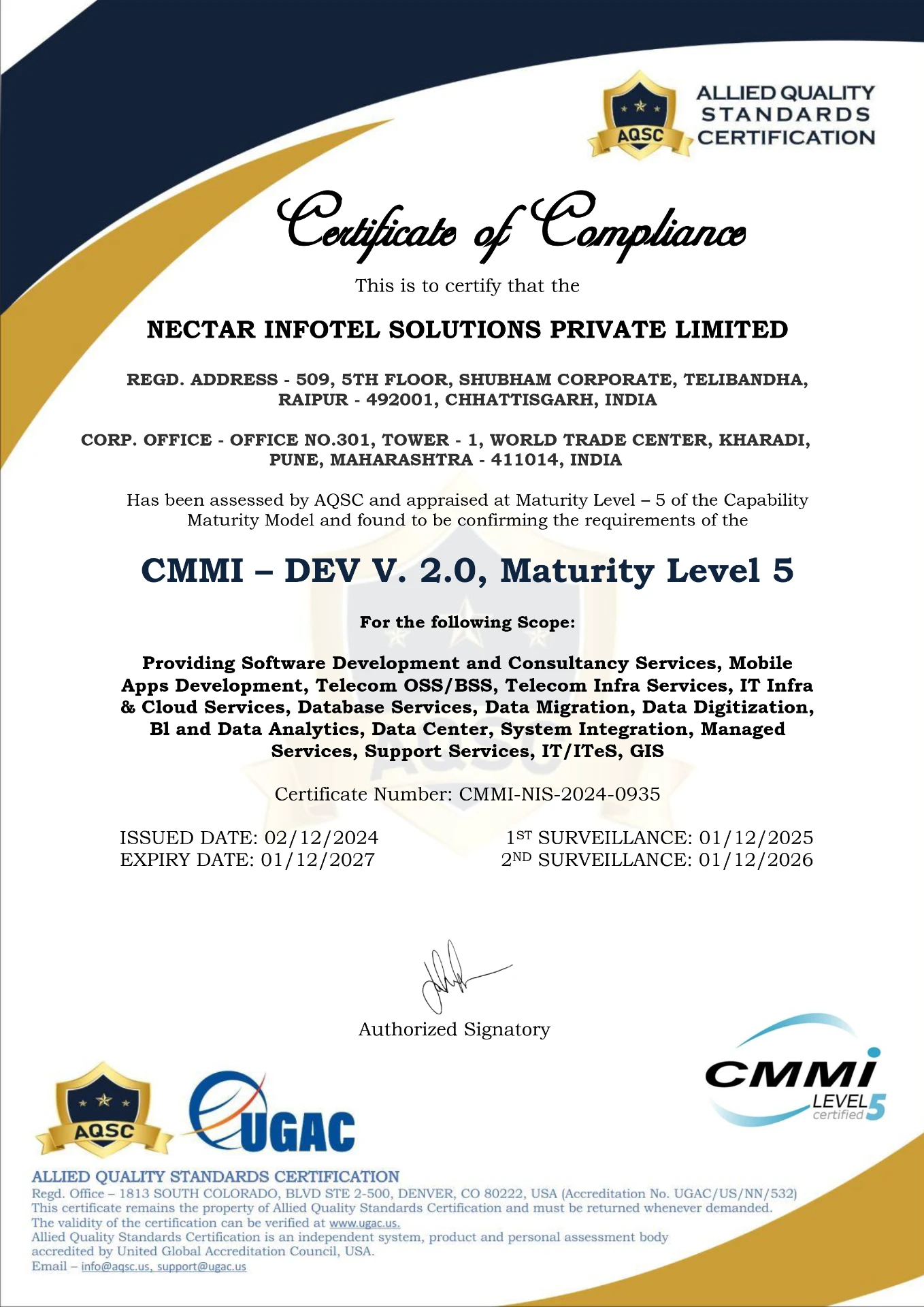 CMMI-DEV V2.0 ML5 certificate