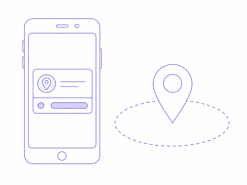 A phone showing a visit check-in card beside a geofenced location pin
